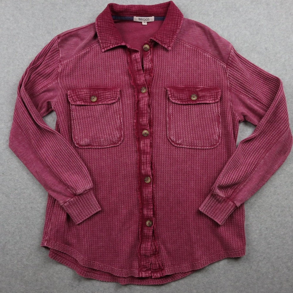 Briggs Shirt Top Womens Medium‎ Waffle Knit Flap Pocket Button Pink Long Sleeve